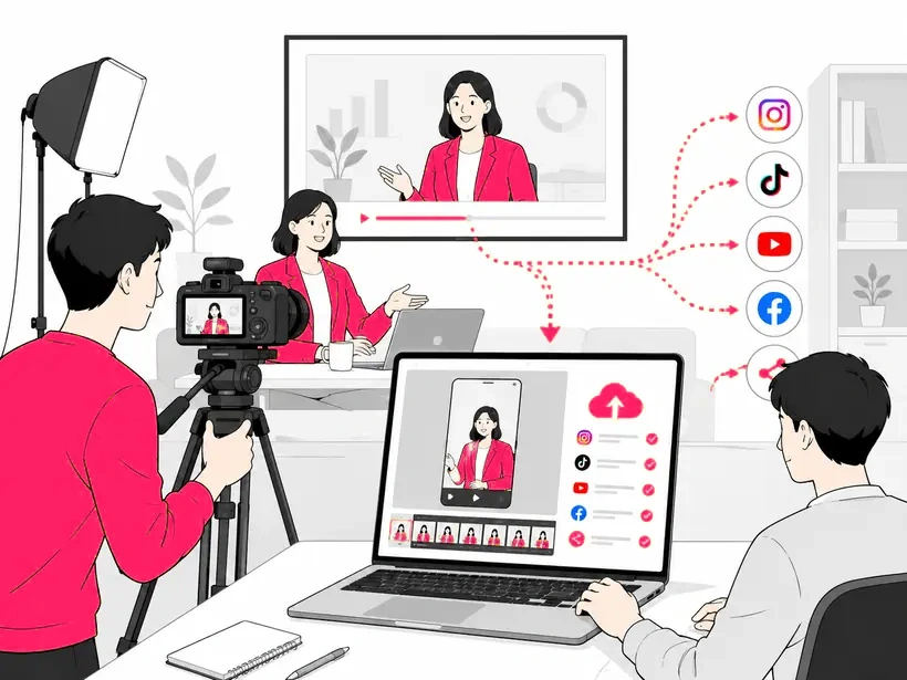 撮影した動画をショートに再編集し、各SNSへ配信する様子